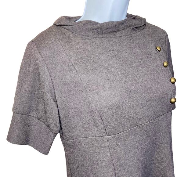 Eliza J Ponte Gray Dress Button Accent Cowl Neck Short Sleeve Fit Flare 8 Petite - Picture 10 of 15